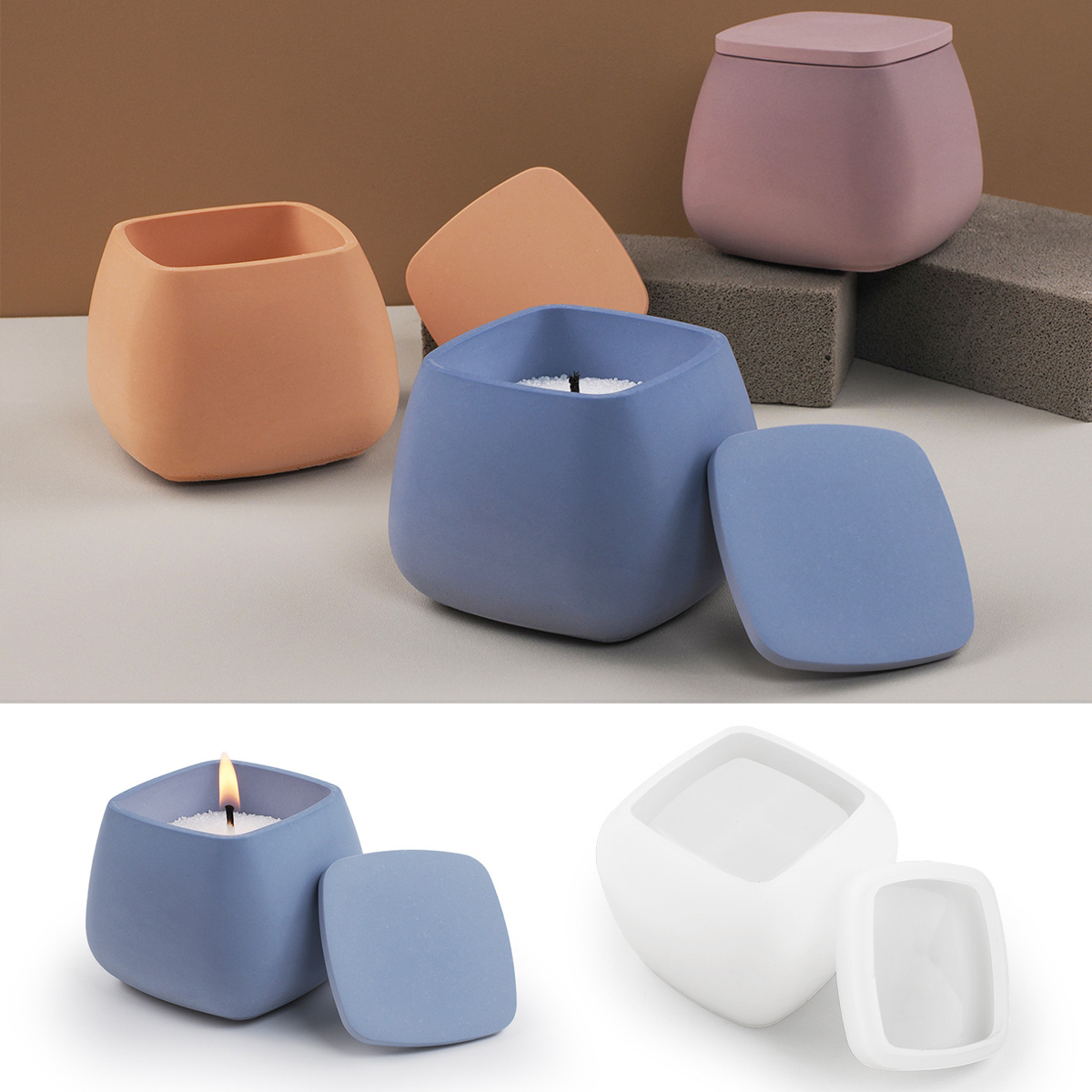 Kraft Box Candle - สแควร์เทียน Jar แม่พิมพ์ซิลิโคน DIY พร้อมฝาปิดกล่องเก็บเครื่องประดับหัตถกรรมทําปูนปลาสเตอร์อีพ็อกซี่เรซิ่นแจกันแม่พิมพ์หล่อ Home