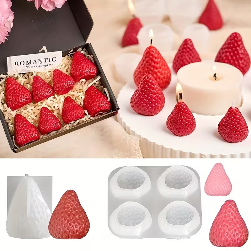 Candle Making Equipment - แม่พิมพ์เทียนซิลิโคนรูปสตรอว์เบอร์รี่ สำหรับทำสบู่อโรมาเธอราพี งานเรซิ่น ของขวัญวันวาเลนไทน์ งานแต่งงาน วันเกิด
